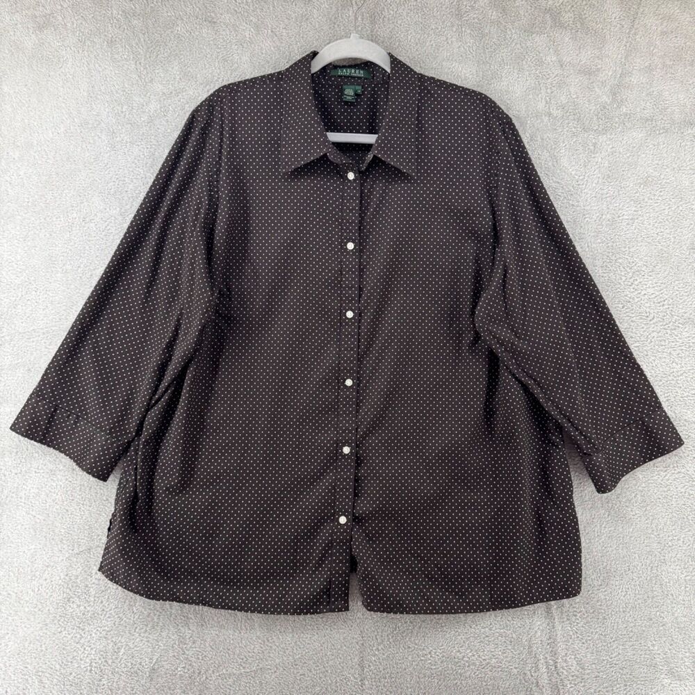Lauren Ralph Lauren Top Womens 2X Brown Polka Dot Button Up Shirt Long Sleeve